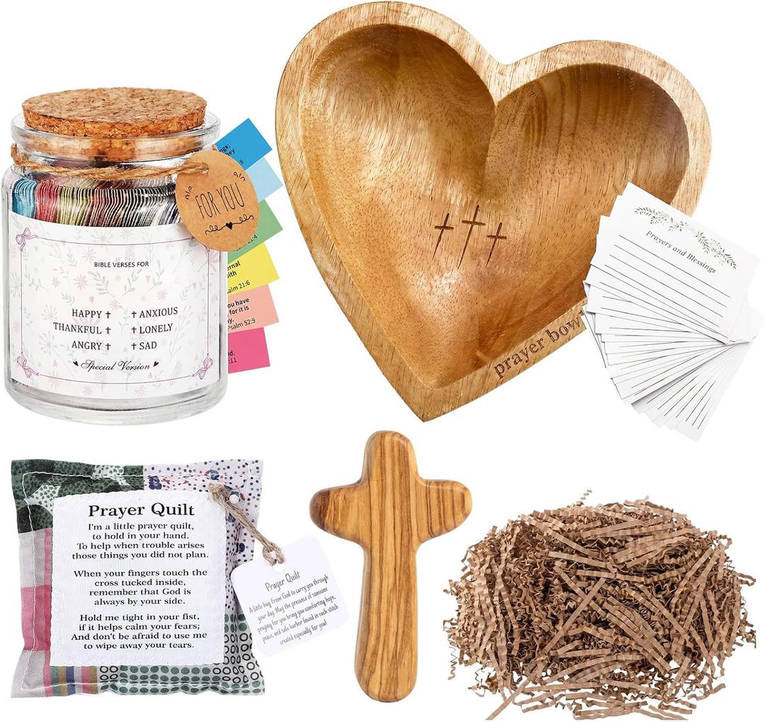 Potchen 5 Pcs Prayer Gifts for Women with Heart Prayer Jar Bowl Bible Verses Bowl Olive Wood Crosses 50 Cards Mini Pocket Scripture Quilt Raffia Faith Birthday Gift for Mom Grandma Daughter Wife