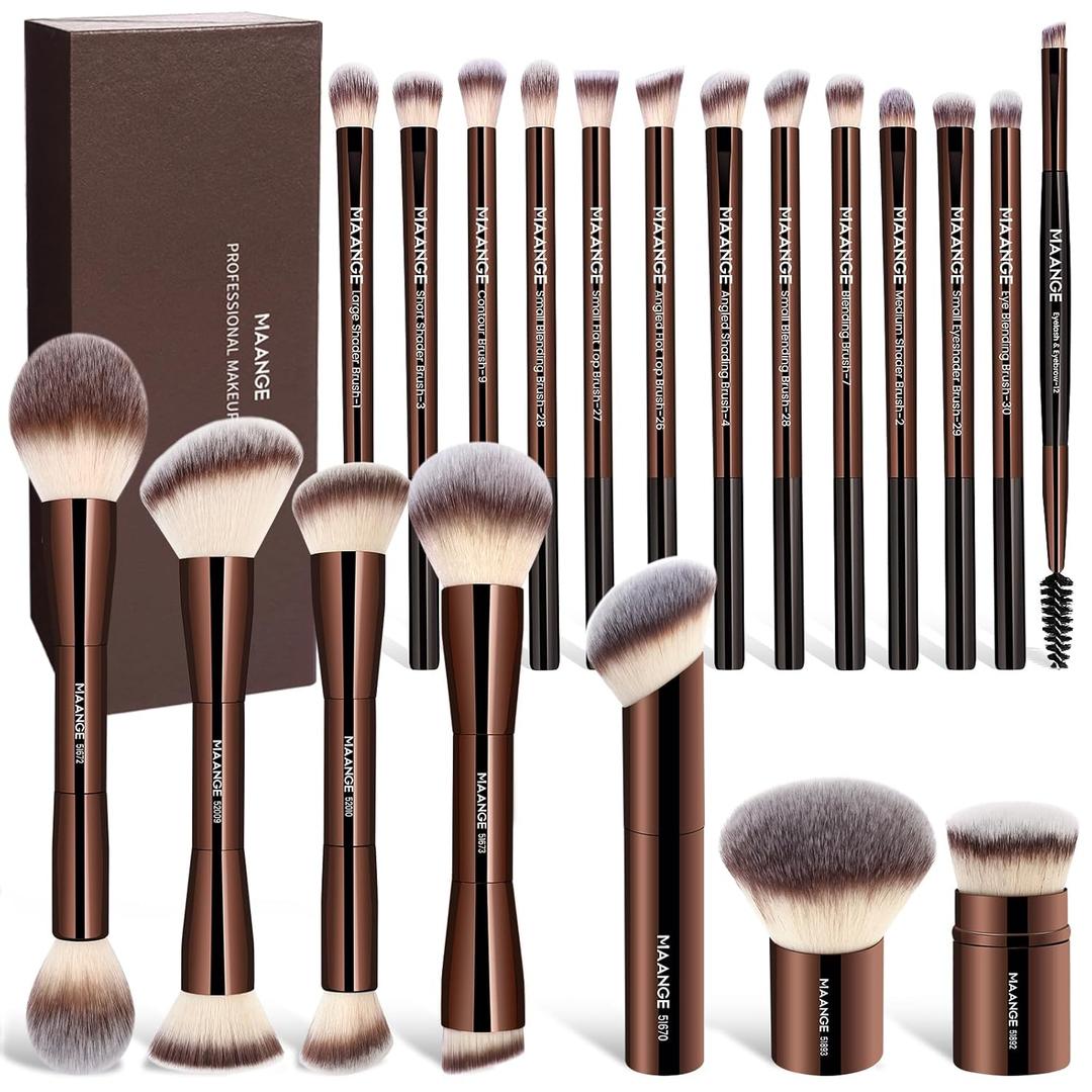 MAANGE 20 Pcs Makeup Brushes with Gift Box, Double-End Multi-functional Makeup Brushes for Blending Liquid Powder Concealer Cream Blush Buffe, Coffee Brown