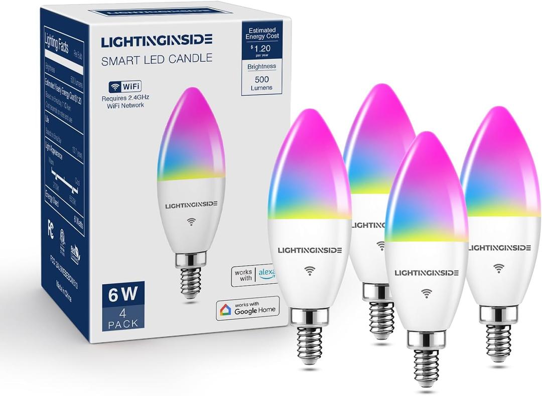 Lightinginside E12 Smart Light Bulbs 60W Equiv., Work with Alexa/Google Home/SmartLife, 500LM 6W RGBCW Candle Candelabra LED Light Bulbs, No Hub Required, 2.4G WiFi Bluetooth Bulb, ETL Listed, 4PCS (Multicolor)