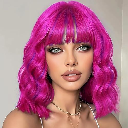 Miuric Wigs with Bangs for Women Colored Short Bob Wavy Wig Colorful Hot Pink Crazy Party Neon Wig Shoulder Length Synthetic for Halloween Girl Cosplay Costume 14 Inches