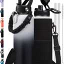 40 oz Insulated Water Bottle with Straw & Spout Lids, Paracord Handle, Bottle Holder with Strap, 40 oz Stainless Steel Water Bottle Cold for 48H, Vacuum Metal Thermal Flask for Work Travel (White Black)