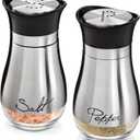 Stainless Steel Salt and Pepper Shaker Set with Glass Bottom, Perforated "S" and "P" Caps - Modern Kitchen Counter Decor (4oz)