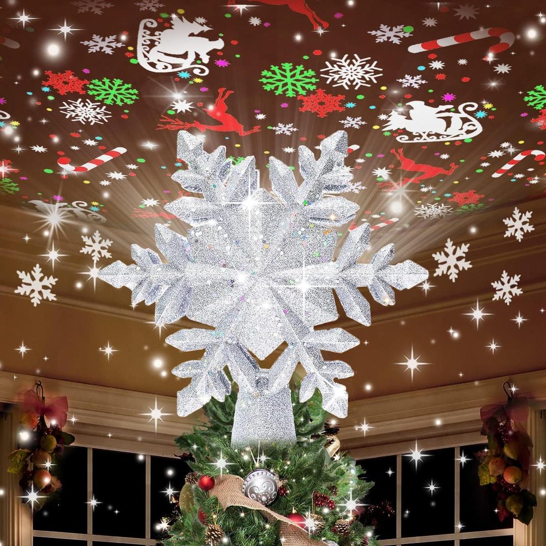 YIJXPOIN Christmas Tree Topper Lighted with 8 Projection Modes, Christmas Star Tree Topper LED Rotating Lights, 3D Silver Snowflake Star Tree Top Glitter Projector for Xmas Party Holiday Decorations