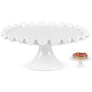 10 Inch Porcelain Cake Stand, Round White Cake Stand, Dessert Stand Cupcake Stand Display Dessert Stand for Parties, Wedding, Birthday, Baby Shower, Ruffle Trim