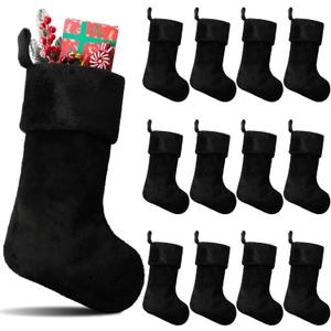 12 Pcs Christmas Stocking 18'' Bulk Thick Plush Fabric Hanging Christmas Stocking Decorations for Xmas Holiday Family Party Tree Fireplace Classic Ornaments (Black)