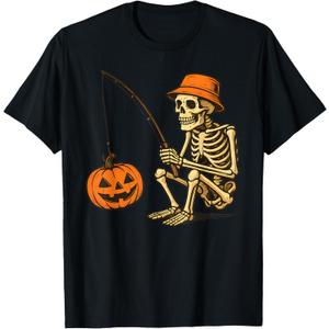 Funny Fishing Halloween Costume Skeleton Men Dad T-Shirt (Black)