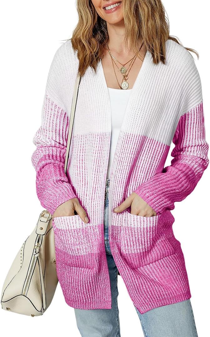 Sidefeel Womens Cardigan Sweaters Open Front Long Sleeve Ribbed Color Block Knit Fall Sweaters (L)