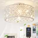 18 Inch Caged Ceiling Fan with Light, Low Profile Crystal Fandelier with Remote & App Control for Low Ceilings Flush Mount Installation Indoor, Bulb Included Antique White