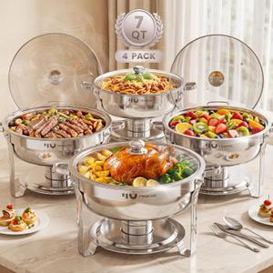 7QT Chafing Dishes for Buffet, 4 Pack Silver Round Chafer Set