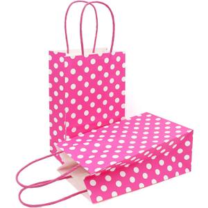 AZOWA Hot Pink Paper Bags with White Polka Dots - Small Hot Pink Polka Dot Gift Bags for Party Favors (5 x 3.1 x 8.2, 25 CT)