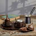 DEMMEX Turkish Greek Arabic Coffee Making and Serving Full Set with Cups Saucers Lids Sugar Bowl Tray and Copper Coffee Pot, Hand Decorated with Gold Crystals, 12 Pcs
