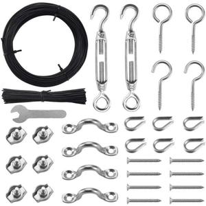 Outdoor Lights Hanging Kit,Globe String Light Suspension Kit,100FT Black Vinyl-Coated 304 Stainless Steel Guide Wire Cable,Include Wire Rope Tension Turnbuckle and Eye Hooks