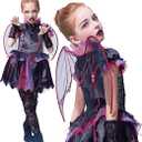 IKALI Halloween Vampire Bat Costume for Girls with Wings,Kids Gothic Darkness Fancy Dress Outfit