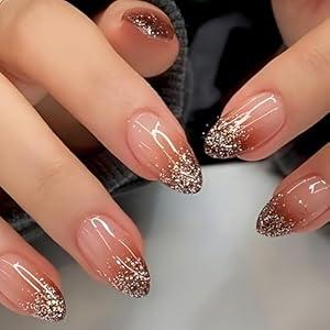 Glitter Press On Nails Medium Almond With Red Gradient Designs - Nude French Acrylic Full Cover Stick On False Nails for Women Girls - DIY Nail Accessories 24Pcs