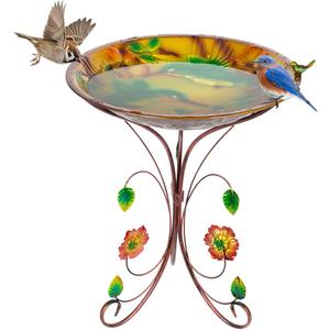 DREAMSOUL 20" Dia Large Bird Bath Stand, Bird Bath for Outside with Detachable Basin, Metal Birdbath with Colorful Hummingbird Pattern Garden Decor