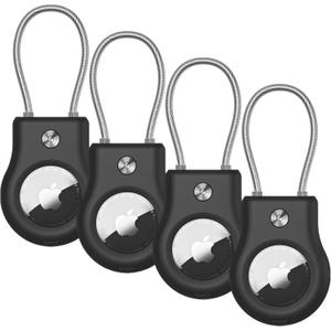 AirTag Holder 4 Pack - Air tag Lock Case with Wire Cable Compatible with Apple AirTags, Ultra Durable Anti-Lost Protective Case with Keyring for Luggage, Key, Backpack, PetBlack