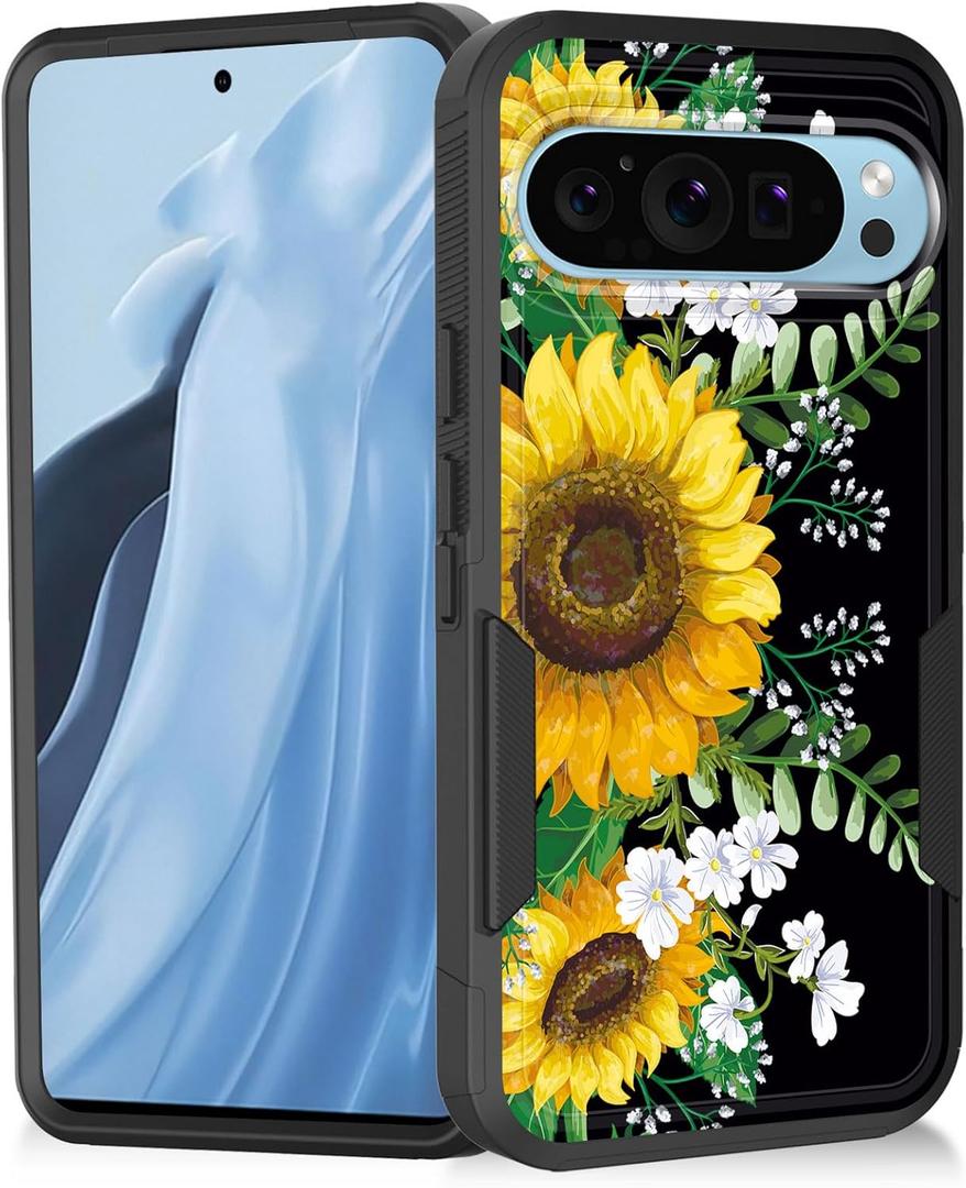 for Google Pixel 10/10 Pro 6.3 Inch 2025 Case,Heavy Duty Dual Layer Hybrid Hard PC Soft Rubber Shockproof Protective Rugged Bumper Case,Sunflowers Floral Patterns