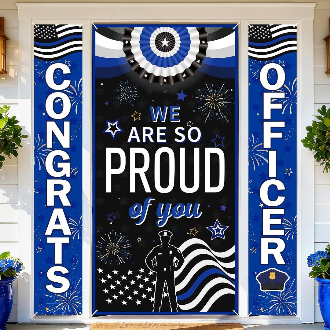3pcs Congrats Officer Porch Banners & Police Door Banner Police Themed Hanging Decor for Police Academy, Cops Retirement,Outdoor Wall,Front Door Decor(Blue White Black)