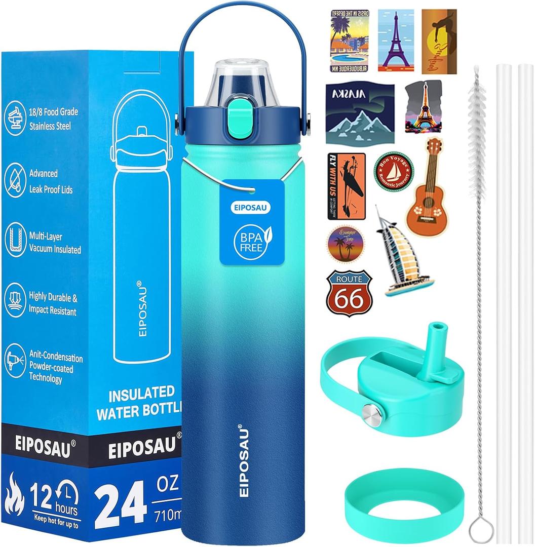 Insulated Water Bottle with Lid & Boot & Stickers, 24 oz Stainless Steel Sweat Free Bottle Keep Cold 24H, BPA-Free Sports Wide Mouth Water Bottle, CyanBlue