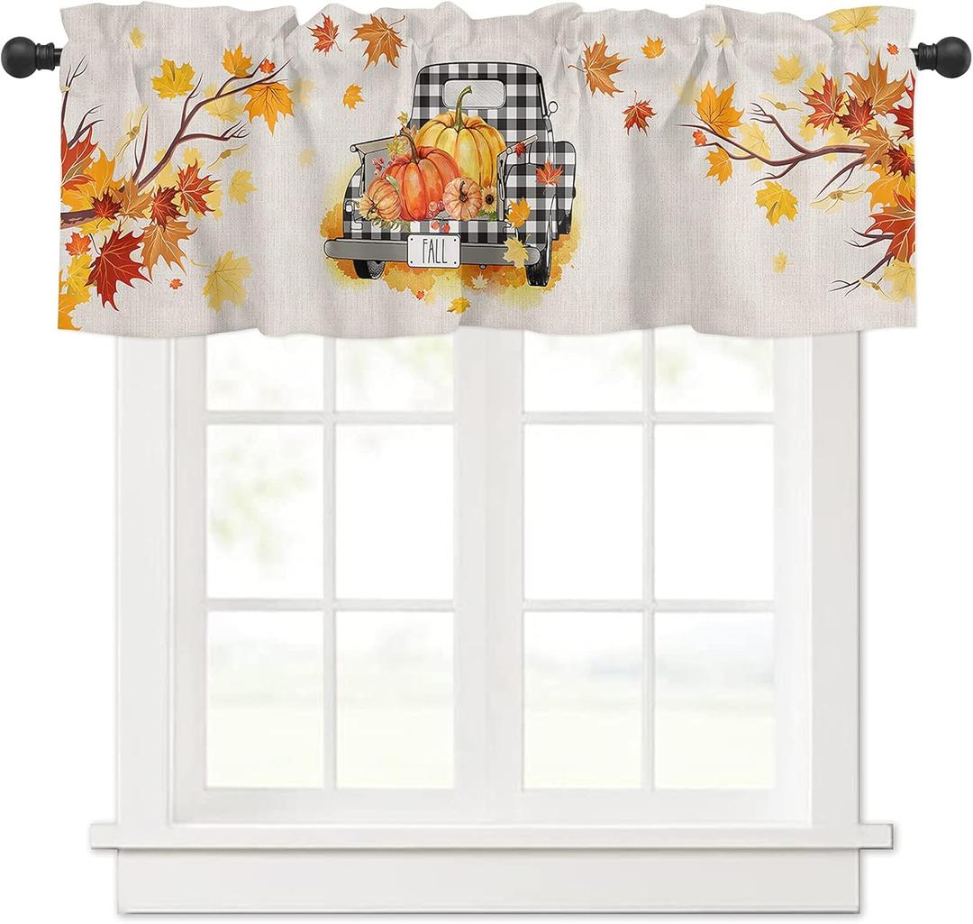 Autumn Pumpkin Curtains Valance for Bedroom Living Room,Truck Maple Leaf Curtains & Drapes Thanksgiving Harvest Rod Pocket Kitchen Window Curtains Over Sink,Fall Seasonal Decor 54 x18 in, 1 Panel