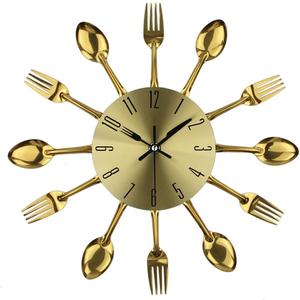 Timelike Kitchen Metal Copper Wall Clocks with Spoons and Forks 3D Removable Modern Creative Cutlery Kitchen Spoon Fork Wall Clock for Great Home Decor and Nice Gifts (Gold)
