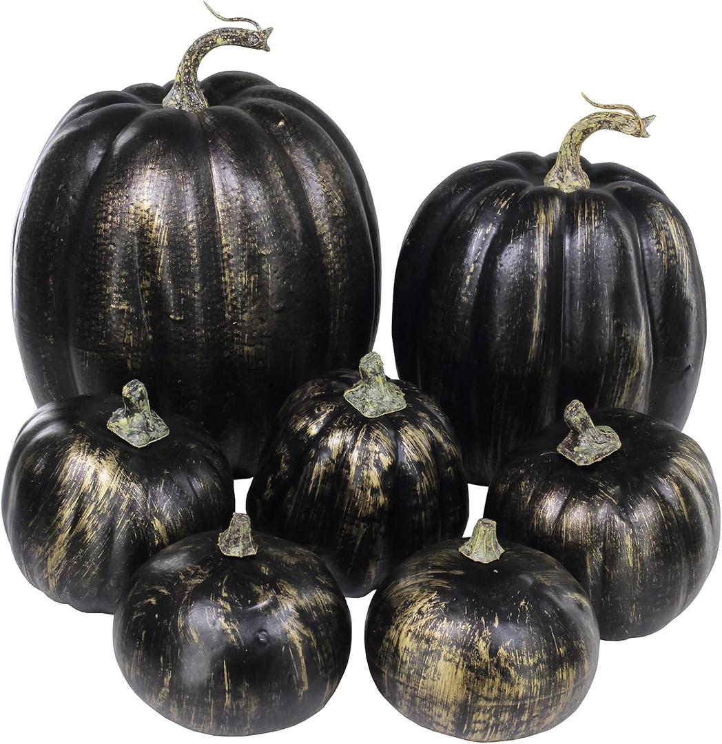 Winlyn 7 Pcs Assorted Artificial Gold Brush Black Pumpkins Rustic Decorative Halloween Faux Foam Pumpkins for Fall Halloween Thanksgiving Tabletop Centerpiece Mantel Kitchen Decor