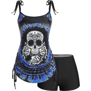 Rosegal Womens Plus Size Skull Rose Tie Dye Print Cinched Ruched Tie Boyshorts Tankini Swimsuit Set (3XL, Blue)