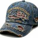 250 Anniversary USA Hat Adjustable Embroidered 250th Anniversary Patriotic Retro Denim Hat Baseball Caps (Blue)