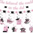 Pink Graduation Decorations Class of 2026 - Glitter She Believed She Could So She Did Banner and Hanging Swirls, Grad Party Supplies for Women High School College Nurse