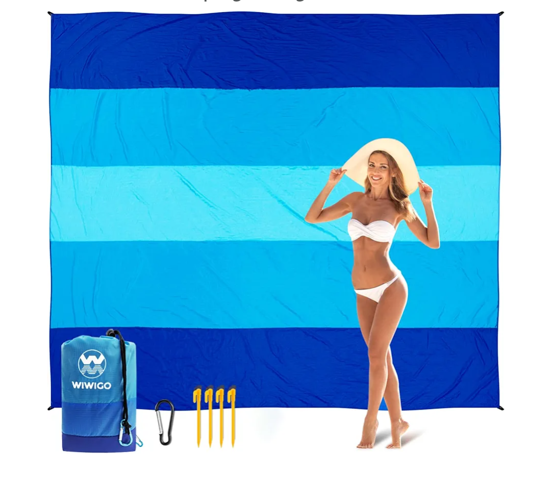 Beach Blanket Sandproof Extra Large Beach Mat Adults Waterproof Quick Drying Sand Free Mat Made by Premium Polyester with 4 Stakes & 4 Corner Pockets for Outdoor Travel Camping Hiking 79×83"