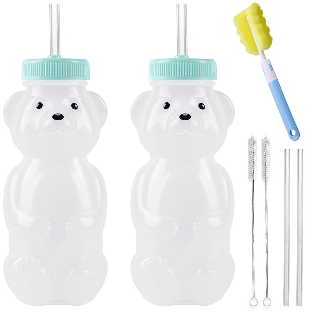 Honey Bear Straw Cups, Juice Bear Bottle Drinking Cup Long Straws with 4 Flexible Straws & Cleaning Tools, 8-Ounce Therapy Sippy Bottles for Speech and Feeding Training, Food-Grade & BPA Free 2 Pack