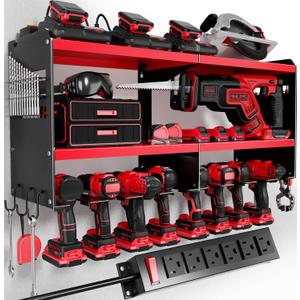 Power Tool Organizer Wall Mount with Charging Station, 15 Min Assembly & Maximum 420lbs Load by Heavy Duty Metal, 8 Slots for Cordless Drill, Tool Battery Holder with 6 Outlet Power Strip (Red)
