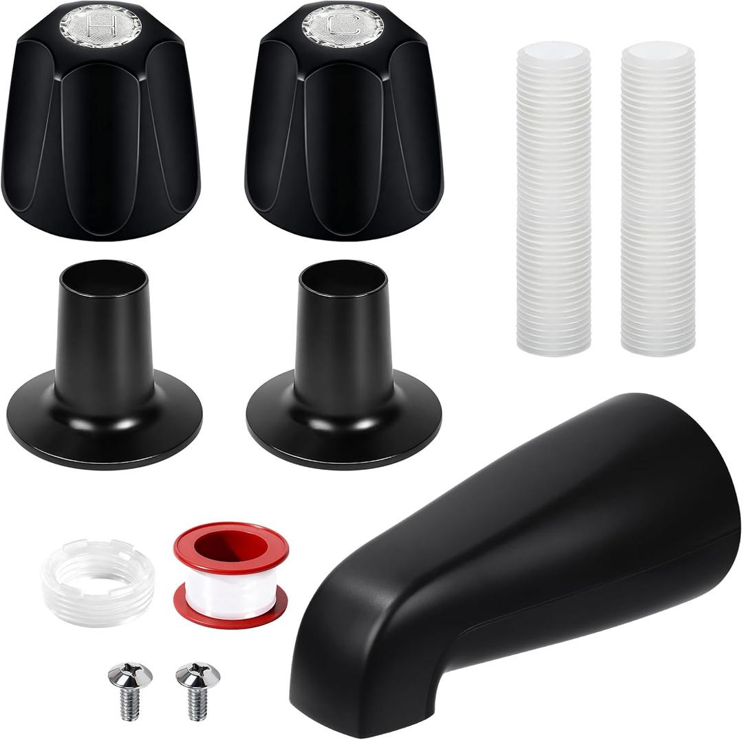 Matte Black 2 Piece Shower Knob and Bath Tub Spout Kit, for Price/Pfister Verve 2 Handles and Tub Shower Faucet, Includes 2× Shower Knob, 2× Flange Base, 1× Tub Spout for 1/2" IPS, 3/4" IPS Pipe