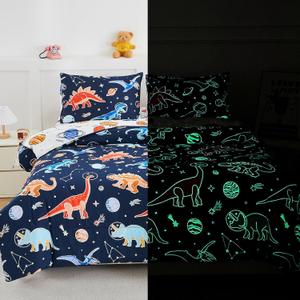 A Nice Night 5pc Glow in The Dark Kids Comforter Set,Dinosaur Galaxy Printed, Space Bedding Set Full Size for Boys Girls Teen