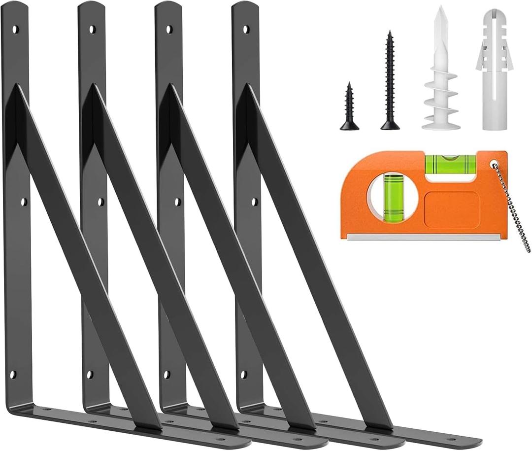 LuckIn 12 Inch Heavy Duty Shelf Bracket, Wall Shelf Brackets, 90 Degree Bracket, 250 LBS Max Load, Mounting Hardware Include, Black, 12-Pack