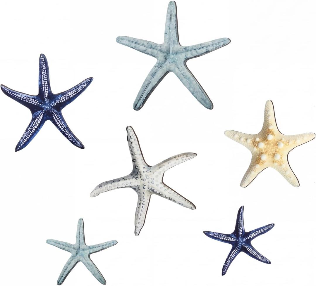 CroBlissful 6 Pcs Summer Starfish Wall Decor Beach Starfish Wooden Wall Art Beach Coastal Wooden Sign with Hook Summer Hanging Decoration for Home Farmhouse Sculpture Indoor Outdoor