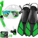 Snorkeling Gear for Adults with Fins Scuba Diving Gear Adult Professional Travel Snorkel Sets with Flippers,Anti-Fog Anti-Leak Diving Mask Green, US Men 4-8.5 | US Lady 6-9.5