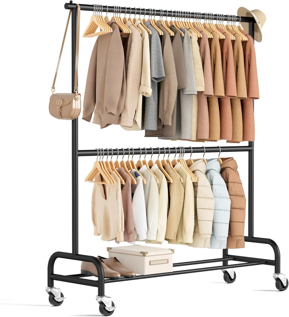MISSLO Heavy Duty Clothes Rack for Hanging Clothes Rolling Clothing Rack Heavy Duty on Wheels for Coat, Garment, Matte Black (Double Rod)