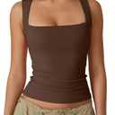 QINSEN Womens Tank Top Sleeveless Square Neck Casual Basic Fitted T- Shirts Brown XS
