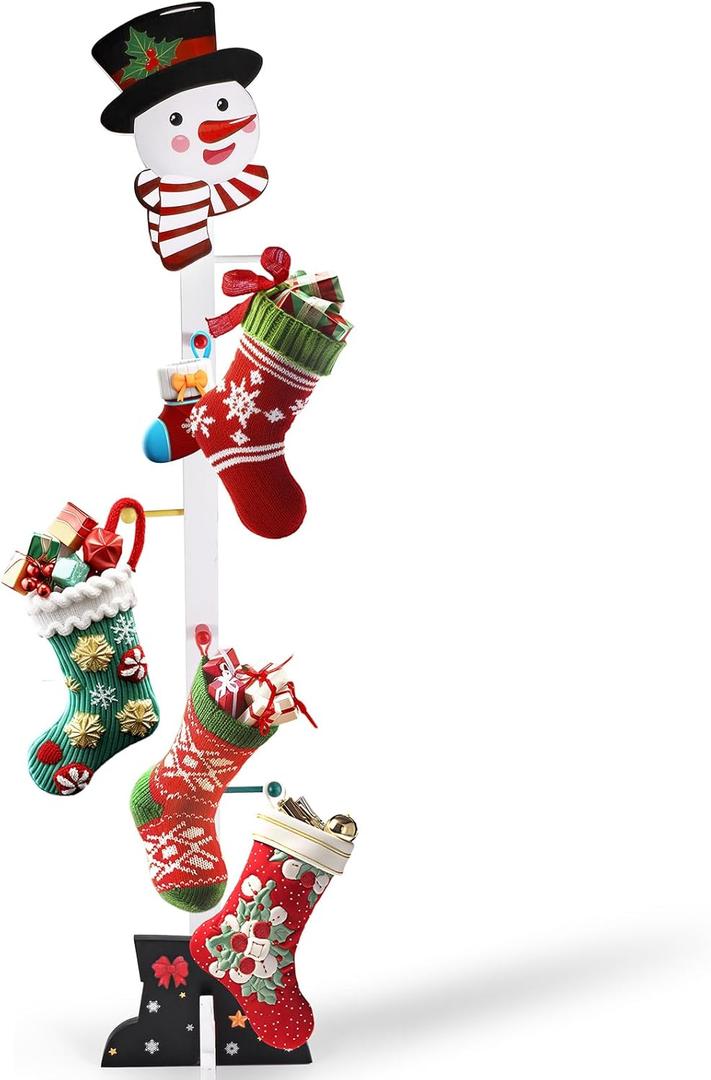 Dlerom 50 Inch Christmas Stocking Holder Wooden Freestanding Stand with Santa Claus Snowman Hat and 5 Removable Hooks Decor for Floor Fireplace Mantle Scarf Belt Hat Purse Tie