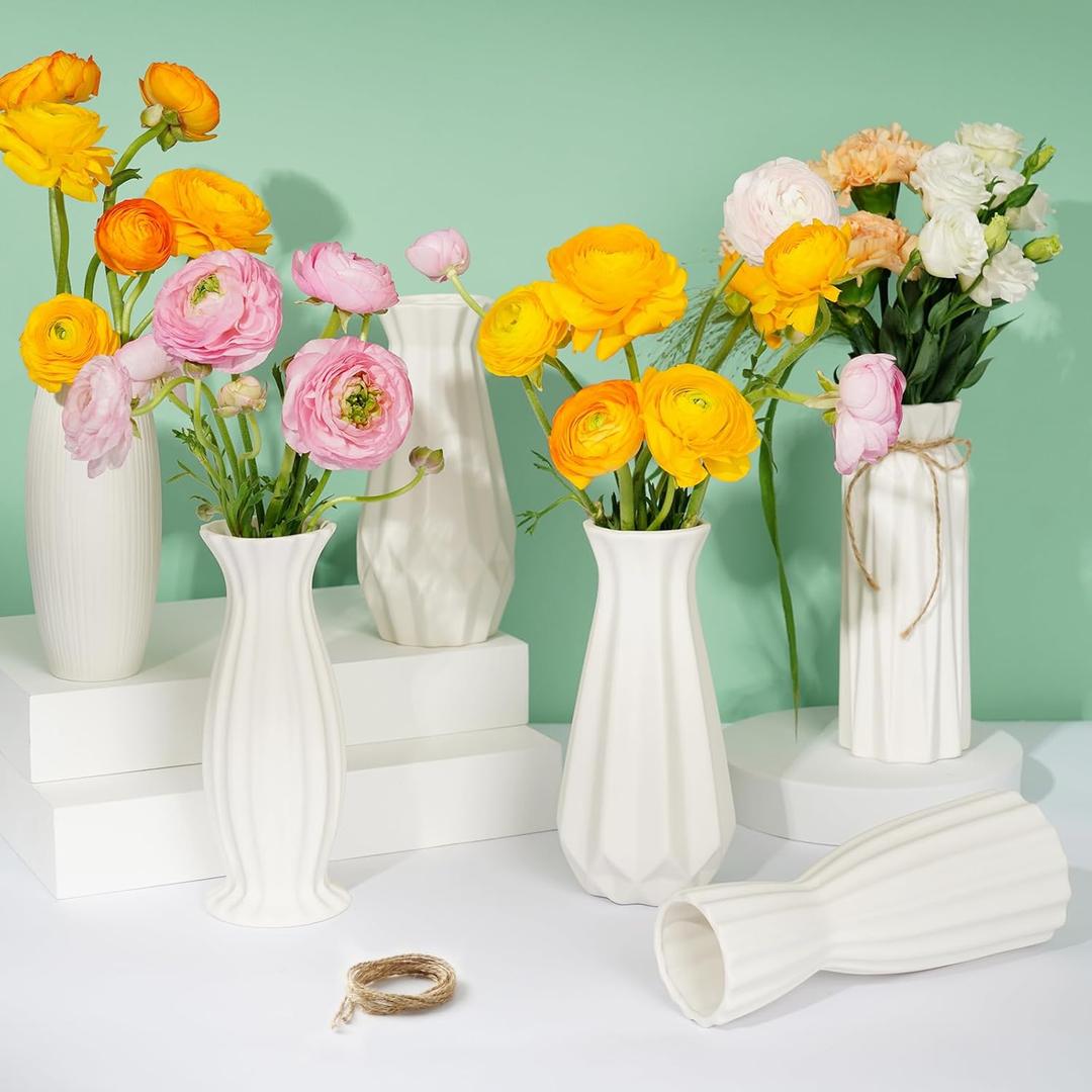 6 Pack White Ceramic Vase, Flower Vase Textured Table Centerpiece Weddings Vases with Twine Bow, Modern Home Decor, Fit for Foyer Living Room Fireplace Bedroom Kitchen 7.09-8.27" H