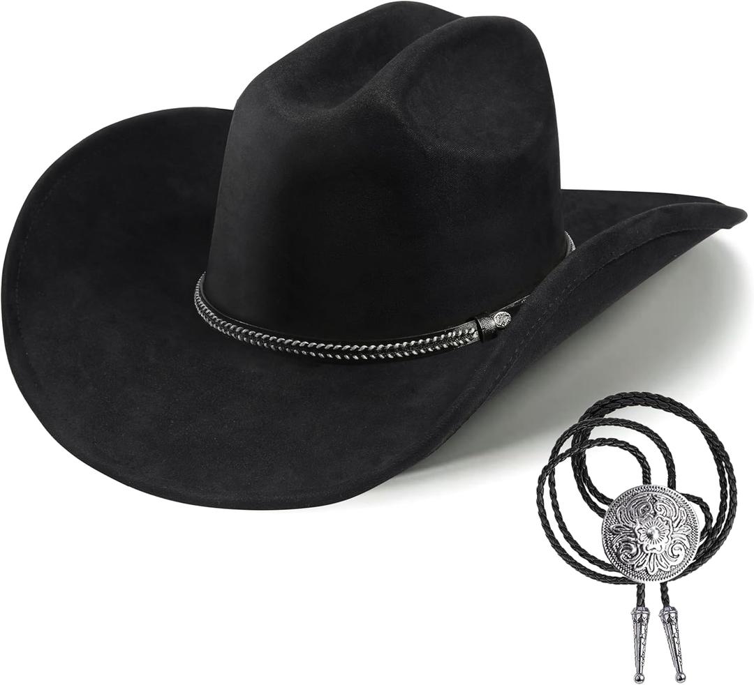 Western Cowboy Hat for Men Women,Shapeable Wide Brim Felt Fedora Classic Cowgirl Hats for Cowboys and Cowgirls,with bolo tie