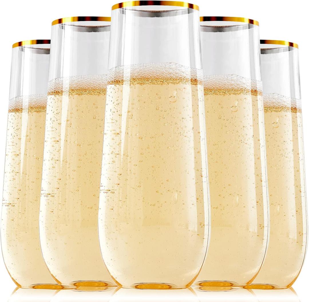 FOCUSLINE 24 Pack 9 Oz Plastic Stemless Gold Rim Champagne Flutes, Heavy Duty, Shatterproof, Disposable & Reusable Crystal Clear Toasting Glasses