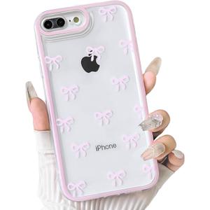 NITITOP Compatible with iPhone 7 Plus / 8 Plus Case Cute Clear Durable Ribbon Bowknot Pattern for Girls Women Soft TPU Transparent Full Camera Lens Shockproof Protective Phone Cover - Pink