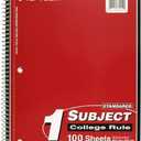 Top Flight Standards 1-Subject Wirebound Notebook, 100 Sheets, 3-Hole Punched, College Rule, 10.5 x 8 Inches, 1 Notebook, Color May Vary (31119)