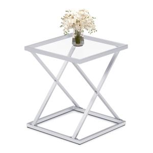 CAFOM Square End Table with Tempered Glass Top, Stylish X-Shaped Metal Frame, Living Room Coffee Table, Sofa Side Table, Accent Tables for Small Spaces, Modern Bedside Table for Bedroom (Silver)
