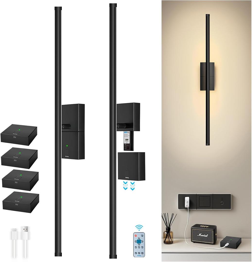Wall Sconces Set of Two with 4 Batteries, Magnetic Detachable Battery Rechargeable Lights with Remote Control, No Wiring Needed, Black Aircraft Aluminum for Bedroom, Living Room and Apartment (28''+Battery 2 Pack)