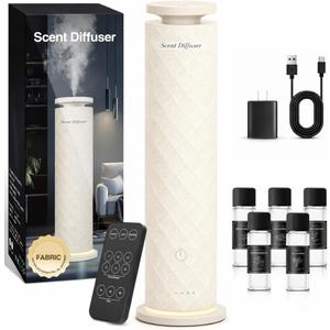 Waterless Scent Diffuser Starter Kit with 5 Oils, Luxury Hotel Style Cold Air Diffuser Oil Machine for Home, 1000 Sq Ft Coverage, Quiet Nebulizing Aromatherapy with Remote, Tower Fabric Design, Cream