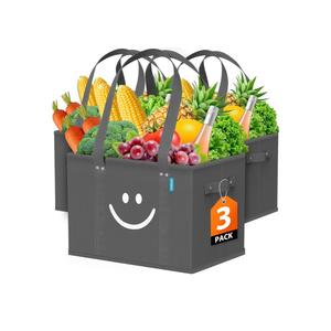 WISELIFE Reusable Grocery Bags 3 Pack - Collapsible Tote Shopping Bags with Sturdy Handles & Bottom to Stands Upright, Grey