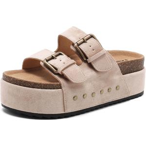 Women's Platform Clogs Sandals Cork Footbed with Comfort Double Buckles, Summer Platform Slides Mules, Summer Beach Comfort Wide  7